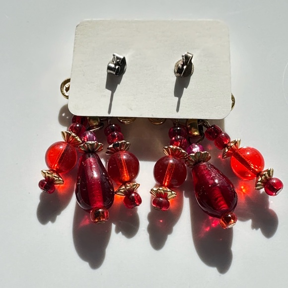 Fun, long, dangle, red glass earrings with gold tone post - Picture 3 of 4
